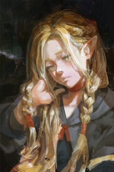 Rule 34 | 1girl, blonde hair, braid, capelet, choker, closed mouth, commentary, commission, dungeon meshi, elf, english commentary, green eyes, highres, long hair, marcille donato, nose, pluvium grandis, pointy ears, red choker, solo, upper body
