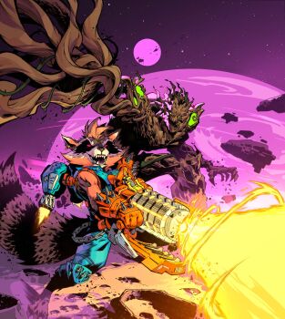 2boys animal_ears brown_hair claws colored_skin duplicate energy_beam energy_gun facial_hair fangs firing furry furry_male gloves groot guardians_of_the_galaxy gun highres holding holding_gun holding_weapon jetpack leo_chiola machine male_focus marvel marvel_snap military_vehicle multicolored_armor multiple_boys official_art open_mouth pawpads planet raccoon raccoon_boy raccoon_ears raccoon_tail red_eyes rocket_raccoon science_fiction short_hair space space_shuttle spacecraft spiked_gauntlets spiked_gloves tail weapon whiskers