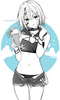 1girl absurdres alternate_costume bandaid bandaid_on_face bikini bikini_shorts bracelet breasts collar commentary_request cowboy_shot cup greyscale hands_up highres holding holding_cup hood hood_down jewelry looking_at_viewer mahou_shoujo_no_majo_saiban meimei_(meimei89008309) monochrome nail_polish navel o-ring open_mouth partially_colored shito_alisa short_hair short_shorts shorts small_breasts solo standing sweatdrop swimsuit