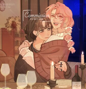 2girls 2hzrd7 analog_clock black_eyes black_hair black_nails black_sweater bottle bow cable_knit candle clock closed_mouth commentary commission cup drinking_glass earrings english_commentary hair_bow highres hoop_earrings hug jewelry kininatteru_hito_ga_otoko_ja_nakatta knit_sweater koga_mitsuki long_hair long_sleeves multi-tied_hair multiple_girls multiple_hair_bows oono_aya open_mouth pink_eyes pink_hair smile sweater watermark white_bow white_sweater window wine_bottle wine_glass