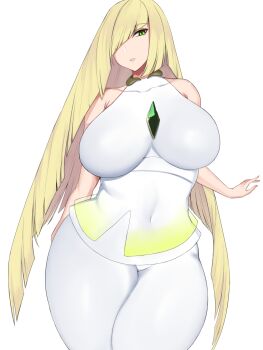 1girl bare_shoulders blonde_hair breasts erimiko green_eyes highres large_breasts long_hair lusamine_(pokemon) nintendo pokemon pokemon_sm sleeveless solo thick_thighs thighs