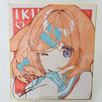 Rule 34 | 1girl, ;), animal ears, blue bow, blue sailor collar, blush, bow, braid, brown hair, character name, closed mouth, commentary request, grey eyes, hair bow, hair ornament, hairclip, highres, iku kurumi, long sleeves, looking at viewer, mofu-mofu after school, mofumofu channel, one eye closed, p19, photo (medium), puffy long sleeves, puffy sleeves, sailor collar, school uniform, serafuku, shikishi, shirt, signature, sleeves past wrists, smile, solo, traditional media, upper body, white shirt