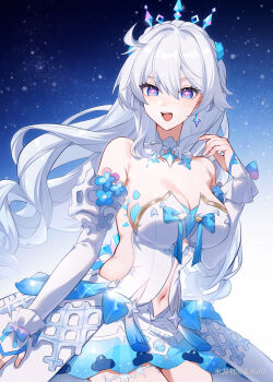 1girl bare_shoulders blue_eyes breasts chinese_commentary cleavage commentary_request cowboy_shot detached_sleeves dress earrings haruka_(rsyaooooo) highres honkai_(series) honkai_impact_3rd jewelry kiana_kaslana kiana_kaslana_(ba-dum!_fiery_wishing_star) long_hair long_sleeves miyoushe_watermark navel official_alternate_costume single_earring solo strapless strapless_dress tiara very_long_hair watermark white_dress white_hair