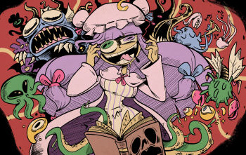 book breasts commentary crescent crescent_hat_ornament cthulhu cthulhu_mythos deep_one english_commentary green_eyes hair_ornament hat hat_ornament heterochromia highres instrument kevin_arthur mi-go monster musical_note necronomicon patchouli_knowledge purple_eyes purple_hair tongue tongue_out touhou wings