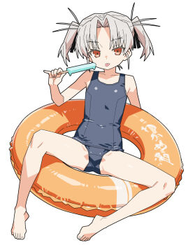 1girl :p dai_(series) daiakuji expressionless flat_chest food full_body grey_hair highres innertube looking_at_viewer matuo3232 one-piece_swimsuit popsicle red_eyes school_swimsuit simple_background solo swim_ring swimsuit takega_satsu tongue tongue_out twintails white_background