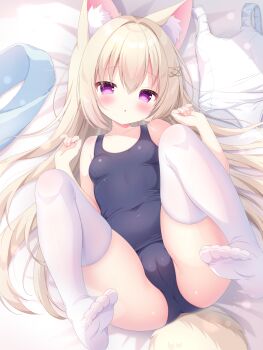 1girl animal_ear_fluff animal_ears blonde_hair blue_one-piece_swimsuit blush borrowed_character breasts cameltoe commentary_request covered_navel dot_nose feet fox_ears fox_girl fox_tail full_body hair_between_eyes hair_intakes highres legs_up long_hair looking_at_viewer lying nekoboshi_yuki no_shoes on_back on_bed one-piece_swimsuit original parted_lips pink_eyes school_swimsuit small_breasts soles solo swimsuit tail thighhighs unworn_swimsuit white_one-piece_swimsuit white_thighhighs