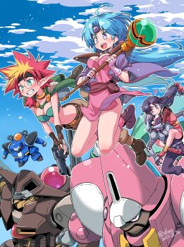 Rule 34 | 1boy, 3girls, absurdres, armor, artist name, bakunetsumaru (haou taikei ryuu knight), bandaged ankle, bandeau, belt, belt buckle, belt pouch, black belt, black headband, blonde hair, blue hair, blue sky, blush, boots, breasts, brown gloves, brown pants, buckle, capelet, chest guard, cleavage, closed mouth, cloud, commentary, curtained hair, dated, derringer (haou taikei ryuu knight), dress, fingerless gloves, fishnets, floating, floating hair, flying sweatdrops, glasses, glomp, gloves, green bandeau, green capelet, green eyes, grin, gun, handgun, haou taikei ryuu knight, headband, heads together, heart, helmet, highres, holding, holding gun, holding staff, holding weapon, hug, iori (haou taikei ryuu knight), isedaichi ken, japanese clothes, jewelry, katze, leg lock, long hair, looking at another, low-tied long hair, magidora, mask, mecha, medium breasts, mouth mask, multicolored hair, multiple girls, ninja, ninja mask, open mouth, orb, outdoors, paffy pafuricia, pants, pauldrons, pink dress, pink shoes, pink socks, pouch, purple belt, purple boots, purple eyes, purple pants, purple shirt, red eyes, red hair, robot, sarutobi (haou taikei ryuu knight), shirt, shoes, shoulder armor, sky, smile, socks, spiked hair, staff, surprised, thighs, twitter username, two-tone hair, vambraces, weapon, white gloves