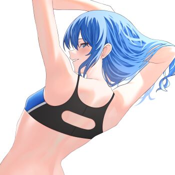 1girl absurdres arms_up back black_sports_bra blue_eyes blue_hair commentary english_commentary flat_chest grin hand_in_own_hair highres hololive hoshimachi_suisei long_hair looking_at_viewer mixed-language_commentary si_farid simple_background smile solo sports_bra star_(symbol) star_in_eye symbol_in_eye upper_body virtual_youtuber white_background