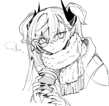 Rule 34 | 1girl, coat, cup, demon horns, disposable coffee cup, disposable cup, fate/grand order, fate (series), greyscale, horns, lilith (fate), long hair, looking at viewer, mo (aabx315), monochrome, scarf, solo, twintails