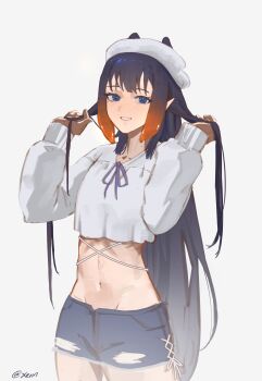 1girl absurdres blue_eyes blue_shorts crop_top highres hololive hololive_english long_hair looking_at_viewer navel ninomae_ina&#039;nis orange_hair pointy_ears purple_hair purple_ribbon ribbon shirt short_shorts shorts simple_background solo tentacle_hair very_long_hair virtual_youtuber white_background white_shirt xenn_illust