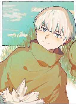 Rule 34 | 0a 9 (pixiv82791714), 1boy, blue eyes, border, closed mouth, cloud, day, dr. stone, grass, grey hair, hat, light smile, looking at viewer, male focus, outdoors, saionji ukyou, shirt, short hair, sky, smile, solo, upper body, white hair