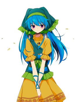 1girl absurdres apron blue_hair blush closed_mouth commentary_request dress green_apron green_headscarf haniyasushin_keiki headscarf highres jewelry long_hair looking_at_viewer magatama magatama_necklace necklace pink_eyes shirt simple_background single_strap skirt smile solo tools touhou tsuukinkaisoku_oomiya very_long_hair white_background yellow_dress