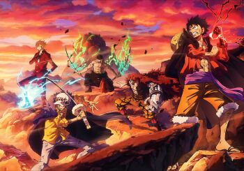 Rule 34 | 5boys, abs, aura, black hair, black skin, blonde hair, blue fire, cape, chest tattoo, clenched teeth, cloud, colored skin, earrings, epic, eustass kid, evening, facial hair, facial scar, fighting stance, fire, formal clothes, goggles, goggles on head, haki (one piece), hand on own hip, hand tattoo, hand up, hat, hat on back, highres, holding, holding sword, holding weapon, injury, jacket, jewelry, katana, large pectorals, long sleeves, male focus, manly, metal, monkey d. luffy, mouth hold, multicolored skin, multiple boys, muscular, muscular male, necktie, official art, one piece, open clothes, open shirt, outdoors, pants, pectorals, pirate, prosthesis, prosthetic arm, red hair, red jacket, red pants, red skin, roronoa zoro, sandals, sanji (one piece), scar, scar on cheek, scar on chest, scar on face, scratches, serious, shirt, shorts, sky, standing, stomach, straw hat, suit, suit jacket, sword, tattoo, teamwork, teeth, teeth hold, toei company, topless male, trafalgar law, triple wielding, weapon, wind