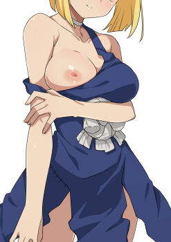 1girl arm_under_breasts blonde_hair blue_dress blush breasts choker closed_mouth commentary_request dr._stone dress head_out_of_frame highres holding_own_arm kohaku_(dr._stone) large_breasts long_hair looking_at_viewer morisobo nipples one_breast_out short_hair simple_background smile solo standing thighs white_background white_choker