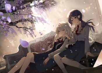 2girls arm_at_side black_dress black_hair black_skirt blood blood_on_clothes blood_on_hands bow bowtie branch clip_studio_paint_(medium) closed_mouth collared_shirt commentary_request copyright_notice couch dress falling_petals floating_hair grey_hair grey_jacket grey_shirt hand_up highres jacket layered_sleeves long_hair long_sleeves looking_at_viewer low_ponytail multiple_girls official_art on_couch original petals pinafore_dress ponytail purple_eyes purple_petals reclining red_bow red_bowtie red_eyes school_uniform shirt side_ponytail sitting skirt sleeveless sleeveless_dress wing_collar yukiko_(tesseract)