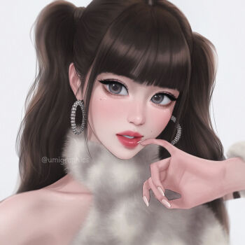 1girl bare_shoulders blue_eyes brown_hair earrings finger_to_mouth highres hoop_earrings ive_(group) jewelry k-pop lips long_hair looking_at_viewer parted_lips portrait solo twintails umigraphics white_background wonyoung_(ive)