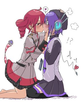 ! 2girls ? ahoge audio_jack bare_legs barefoot black_collar black_hat black_sleeves black_thighhighs blush buttons collar double-breasted drill_hair dropped_object foot_out_of_frame grey_jacket hair_between_eyes hand_on_another's_chin hand_on_another's_head hat headset heart highres jacket kasane_teto kasane_teto_(sv) kiss kneeling long_sleeves looking_at_another multiple_girls necktie purple_necktie purple_trim red_eyes red_hair red_ribbon red_trim ribbon shigatsuma shirt shoulder_belt shoulder_boards sidelocks spoken_heart surprise_kiss surprised synthesizer_v tail thighhighs tie_clip twin_drills utane_uta utau white_shirt wing_collar yuri zettai_ryouiki