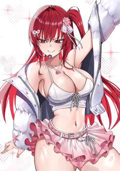 1girl absurdres arm_up armpits bare_shoulders belt blush breasts cleavage closed_mouth collarbone commentary corset cowboy_shot cross-laced_clothes cross-laced_top dog_tags facial_mark flower goddess_of_victory:_nikke hair_flower hair_ornament headset highres jacket large_breasts long_hair long_sidelocks navel official_alternate_costume official_alternate_hairstyle padded_jacket pink_belt pink_flower pink_rose pink_skirt rapi_(nikke) rapi_(red_hood)_(nikke) rapi_(red_hood)_(shining_light)_(nikke) red_eyes red_hair ribbon rose side_ponytail sidelocks skirt smile solo star_(symbol) star_facial_mark sticker sticker_on_face tank_top thighs vandel_six white_corset white_jacket white_tank_top