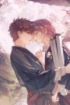 Rule 34 | 1boy, 1girl, black kimono, blush, breasts, cherry blossoms, couple, emiya shirou, falling petals, fate/stay night, fate (series), gaoyue jixiang, hair ornament, japanese clothes, kimono, long hair, momomiya shizuku (gaoyue jixiang), oc x canon, oil-paper umbrella, open mouth, orange hair, original, outdoors, parasol, pastels, petals, pink eyes, pink hair, sash, tree, umbrella, watermark, weibo watermark, white umbrella