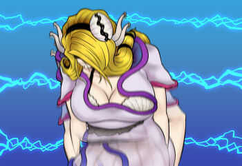 1girl black_hairband blonde_hair blue_background bowing breasts cleavage commentary_request dress grey_dress hair_ornament hairband highres large_breasts long_hair motion_blur ryuuichi_(f_dragon) shell shell_hair_ornament short_sleeves solo touhou upper_body watari_nina