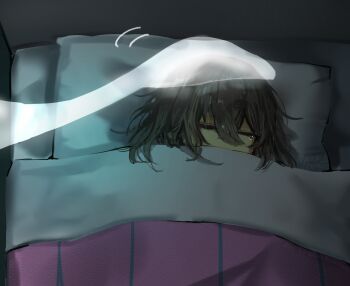 2others artist_name bed_sheet brown_hair commentary_request covered_mouth double-parted_bangs frisk_(undertale) hair_between_eyes hair_spread_out hand_on_another's_head head_on_pillow highres lying maika_(maikaoekaki) messy_hair multiple_others on_back on_bed other_focus pillow scene_reference short_hair solo_focus tearing_up under_covers undertale upper_body utdr_(toby_fox) watching_man_(undertale)