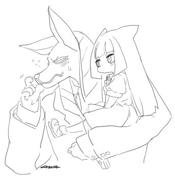 1boy 1girl ancient_egyptian anubis_(mythology) bastet_(mythology) bobby_socks carrying carrying_person cat_girl commentary_request dress egyptian_mythology embarrassed formal_clothes highres looking_at_another mary_janes monochrome mudou_eichi original shoes sketch socks suit