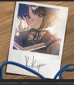 1girl art_program_in_frame betabeet black_eyes black_hair blue_archive blush character_name closed_mouth kikyou_(blue_archive) looking_at_viewer polaroid_photo short_hair solo