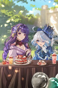 2girls absurdres ahoge armor asymmetrical_sleeves balloon blue_eyes blue_hair blue_hat blue_jacket blue_sky blue_suit blunt_bangs blurry blurry_background braid breasts bridal_gauntlets cake cleavage clenched_hand closed_mouth cloud cloudy_sky collared_jacket dappled_sunlight depth_of_field fan_hair_ornament flower flower_ornament food formal_clothes friends furina_(genshin_impact) genshin_impact gloves gradient_hair hair_between_eyes hand_up happy hat highres huge_ahoge jacket japanese_clothes kimono light_blush light_particles light_smile long_braid long_sleeves mole mole_under_eye multicolored_hair multiple_girls neck_ribbon off_shoulder open_mouth plate purple_flower purple_kimono purple_nails raiden_shogun red_ribbon ribbon shoulder_armor single_braid sky smile streaked_hair suit suit_jacket sunlight sweets table top_hat tree uneven_sleeves wavy_hair white_gloves yanan882