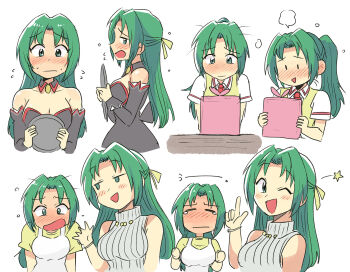 2girls angel_mort black_dress black_sleeves blush breasts closed_eyes commentary_request detached_sleeves dress full-face_blush green_eyes green_hair hand_up highres higurashi_no_naku_koro_ni index_finger_raised long_hair multiple_girls partial_commentary ponytail raised_inner_eyebrows ribbed_sweater short_sleeves siblings sisters sleeveless sleeveless_sweater sonozaki_mion sonozaki_shion star_(symbol) sweater tears tsubobot twins vest white_sweater yellow_vest