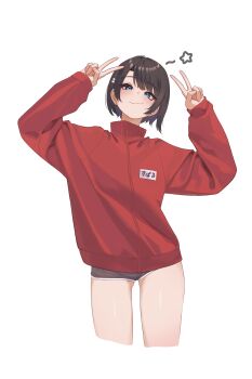 1girl :3 absurdres artist_logo blue_eyes brown_hair commentary cowboy_shot dolphin_shorts double_v english_commentary hakimen highres hololive jacket logo long_sleeves looking_at_viewer official_alternate_costume oozora_subaru oozora_subaru_(9th_costume) red_jacket short_hair shorts signature simple_background solo thighs v variant_set virtual_youtuber white_background
