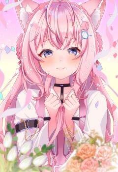 1girl animal_ear_fluff animal_ears antenna_hair blush closed_mouth coat collared_shirt commentary_request hakui_koyori hakui_koyori_(1st_costume) holding holding_own_hair hololive lab_coat long_hair looking_at_viewer necktie pink_hair pink_necktie purple_eyes shirt smile solo very_long_hair virtual_youtuber white_coat white_shirt wolf_ears wolf_girl yokuto