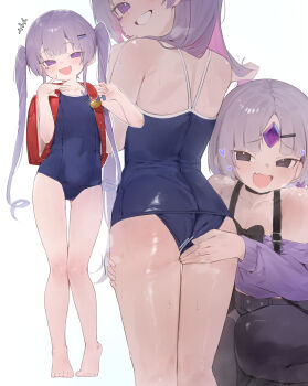 2girls ass backpack bag blush clothing_aside commentary crime_prevention_buzzer forehead_jewel full_body hair_ornament hairclip highres hololive hololive_english koseki_bijou legs long_hair medium_hair mesugaki multiple_girls one-piece_swimsuit pebble_(koseki_bijou) purple_eyes purple_hair randoseru school_swimsuit simple_background smile smug standing swimsuit swimsuit_aside symbol-only_commentary theflatfacadeds thigh_gap thighs twintails virtual_youtuber white_background