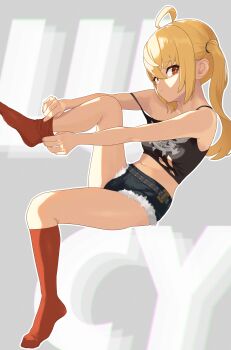 1girl absurdres blonde_hair blue_shorts breasts crop_top hair_between_eyes highres long_hair looking_at_viewer luciana_de_montefio mutsuki_albino navel putting_on_footwear red_eyes red_socks shorts side_ponytail simple_background sitting socks solo thighs zenless_zone_zero