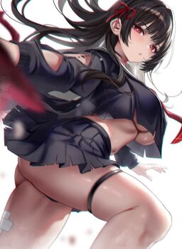 1girl alternate_breast_size_(larger) arm_cutout ass_peek black_choker black_hair black_jacket black_shirt black_skirt breasts chisa_(wuthering_waves) choker chromatic_aberration clothing_cutout commentary crop_top feet_out_of_frame from_side highres jacket large_breasts long_hair long_sleeves looking_at_viewer looking_to_the_side mole mole_under_eye navel parted_lips red_eyes red_ribbon ribbon shirt skirt solo stomach stone_(ksorede) tacet_mark_(wuthering_waves) thigh_strap thighs underboob wuthering_waves