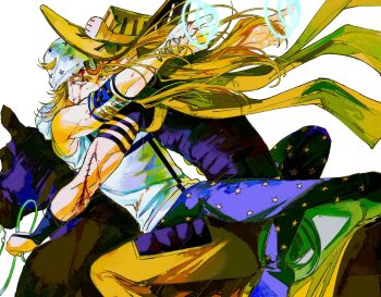 1_22sssam 2boys animal armlet blood blood_on_clothes blood_on_face blue_eyes blue_pants blue_shirt brown_hair cowboy_hat floating_hair guido_mista hat highres horse horseback_riding horseshoe_ornament jewelry johnny_joestar jojo_no_kimyou_na_bouken male_focus multiple_boys pants riding shirt short_sleeves simple_background sitting star_(symbol) steel_ball_run unfinished white_background white_hat yellow_pants