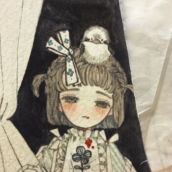 1girl acrylic_paint_(medium) animal animal_on_head bird bird_on_head black_background blood blood_on_clothes blood_stain blunt_bangs blush bow brown_hair closed_mouth collar commentary_request dress expressionless floral_print flower frilled_collar frills hair_bow hair_ribbon half-closed_eyes high_collar highres karintoun long_sleeves looking_at_viewer muted_color on_head original painting_(medium) pale_skin puffy_sleeves ribbon short_hair short_twintails sidelocks solo straight-on traditional_media twintails upper_body watercolor_(medium) white_dress