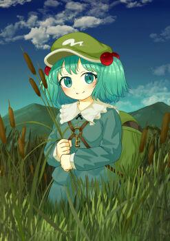 1girl absurdres backpack bag blue_eyes blue_hair blue_skirt blue_sky blush cattail closed_mouth cloud collared_shirt commentary_request day ekaapetto frilled_shirt_collar frills grass green_bag green_hat hair_bobbles hair_ornament hat highres holding holding_plant kawashiro_nitori key long_sleeves looking_at_viewer making-of_available outdoors paid_reward_available plant shirt skirt sky smile solo touhou two_side_up