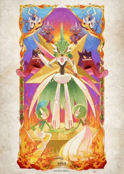 armor artist_name blawn_z bob_cut card_(medium) colored_skin double_blade dress dynamax fire gallade gardevoir gen_1_pokemon gen_2_pokemon gen_3_pokemon gen_4_pokemon gengar gigantamax gigantamax_gengar green_hair green_sky highres holding holding_weapon horns houndoom iron_valiant mega_houndoom mega_pokemon mega_sableye multicolored_skin nintendo open_mouth pink_eyes pokemon pokemon_(creature) purple_skin robot sableye sharp_teeth sky tarot tarot_(medium) teeth the_devil_(tarot) two-tone_skin waist_cape weapon white_armor white_dress white_skin