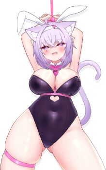 Rule 34 | 1girl, animal ears, arms up, bare legs, bdsm, between breasts, black leotard, blush, bondage, bound, bound wrists, breasts, cat ears, cat tail, chest harness, cleavage, collar, covered navel, cowboy shot, fake animal ears, fang, gluteal fold, hairband, harness, heart, heart-shaped pupils, highleg, highres, hololive, large breasts, leotard, mochigomemcmc, necktie, nekomata okayu, open mouth, parody, purple eyes, purple hair, rabbit hole (vocaloid), restrained, simple background, solo, strapless, strapless leotard, symbol-shaped pupils, tail, thigh strap, thighs, virtual youtuber, white background, wide hips