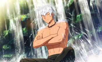 Rule 34 | 1boy, abs, black pants, closed mouth, collarbone, crossed arms, dark-skinned male, dark skin, day, game cg, happy elements, helios rising heroes, highres, jewelry, lens flare, male focus, muscular, muscular male, necklace, non-web source, official art, oscar bale, outdoors, pants, pectorals, short hair, sitting, solo, topless male, water, water drop, waterfall, wet, white hair