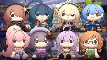 6+girls abigail_dovely ahoge antenna_hair apron barbie_girls(twitch) black_bow black_bowtie black_dress black_hair blue_dress bow bowtie brown_hair button_eyes buttons character_doll clero_(viprimo) cross cross_necklace doll dress fallenshadow flower goggles goggles_around_neck green_apron green_ribbon hair_bow hair_over_one_eye hat highres indie_virtual_youtuber inis_(vtuber) inislein jewelry kitanya_nyanta lava_lamp long_hair multicolored_bow multicolored_bowtie multiple_girls necklace nina_saotome olivia_monroe orange_bow orange_bowtie overalls pink_bow pink_bowtie pink_dress purple_hair purple_hat red_hair ribbon second-party_source semi-rimless_eyewear shirt smile smiley_face soyapoya_(vtuber) sunflower virtual_youtuber vividly_vivi white_shirt