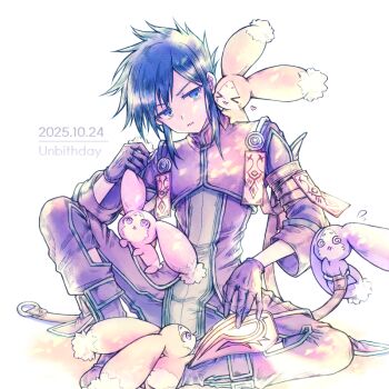 &gt;_&lt; 1boy @_@ black_gloves blue_eyes boots cheagle commentary_request creature dated dizzy flying_sweatdrops gloves green_hair heart holding_another&#039;s_ear jacket knee_up long_sleeves male_focus mask nainainame774 on_shoulder pants parted_lips short_hair sidelocks simple_background sitting spiked_hair sync_(tales) tales_of_(series) tales_of_the_abyss unworn_mask white_background