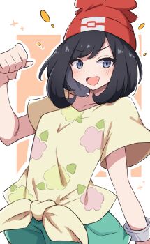1girl absurdres beanie black_hair floral_print green_shorts hat highres nintendo orange_background piyo_to_game poke_ball_theme pokemon pokemon_sm raised_fist red_hat selene_(pokemon) shirt short_hair shorts solo t-shirt tied_shirt white_background yellow_shirt z-ring