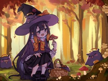 1girl :3 :d alternate_costume artist_name autumn basket black_footwear black_headwear black_skirt blunt_bangs blush blush_stickers bow bowtie capelet center-flap_bangs closed_eyes closed_mouth commentary_request eyelashes fang fly_agaric forest hair_between_eyes hair_ornament hairclip halo hand_up hat hat_ribbon highres holding holding_mushroom hololive hololive_english long_hair long_skirt long_sleeves mole mole_under_eye mouth_hold multicolored_hair mushroom nature ninomae_ina&#039;nis open_mouth orange_bow orange_bowtie orange_hair orange_ribbon outdoors pleated_skirt pointy_ears purple_capelet purple_eyes purple_hair ribbon rie_ccat sailor_collar shirt shoes sidelocks single_sock skirt smile socks squatting takodachi_(ninomae_ina&#039;nis) tentacle_hair tree twitter_username very_long_hair virtual_youtuber white_sailor_collar white_shirt white_socks witch_hat