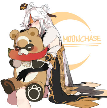 1girl 1other chili_pepper china_dress chinese_clothes chinese_hairpin claw_ring commentary_request cone_hair_bun dress fur_collar genshin_impact guoba_(genshin_impact) hair_bun hair_ornament hair_stick highres hinagi_(fox_priest) liyue_harbor ningguang_(genshin_impact) panda parted_bangs red_panda tassel tassel_hair_ornament vision_(genshin_impact) white_hair