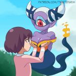 10s 2017 2girls animated arms_behind_back ass bare_shoulders blinking bouncing_breasts breast_envy breast_lift breasts brown_hair cleavage cloud colored_skin cyclops dress english_text female_focus fire flame-tipped_tail floating fuumin_(youkai_watch) ghost glasses grabbing_another&#039;s_breast groping highres huge_ass huge_breasts large_breasts loli looking_at_breasts misora_inaho monster_girl multiple_girls no_bra one-eyed outdoors parody pointy_ears purple_hair purple_skin red_eyes round_eyewear short_hair sky smile speech_bubble standing tail talking traditional_youkai twistedgrim video white_hair wide_hips youkai_watch yuri