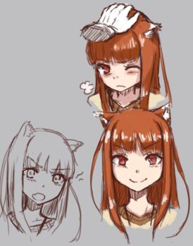 1girl animal_ear_fluff animal_ears blush ears_down grey_background headpat holo long_hair looking_at_viewer one_eye_closed open_mouth orange_hair puff_of_air red_eyes simple_background sketch smile spice_and_wolf wolf_ears wolf_girl