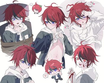 ! !! !? ... 1boy 4ro_1011 ? anger_vein black_hair blood blood_on_clothes blood_on_face blue_eyes blush blush_stickers bound closed_mouth clothes_lift crying hair_between_eyes heart highres hood hood_down hoodie hoodie_lift implied_sex jacket lifting_own_clothes long_sleeves lying male_focus multicolored_hair multiple_views on_back open_clothes open_jacket open_mouth pointing red_hair rope simple_background single_blush_sticker spoken_anger_vein spoken_ellipsis spoken_exclamation_mark streaked_hair sumino_takumi tears the_hundred_line_-last_defense_academy- white_background white_hoodie