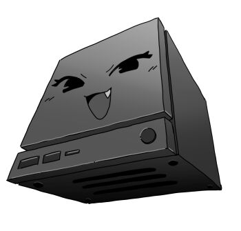 :3 :d computer cube fang greyscale highres mesugaki monochrome no_humans open_mouth orenjipiiru push-button simple_background smile steam_(platform) steam_machine usb usb_port_(object) valve_corporation white_background