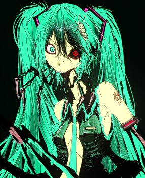 1girl aqua_eyes aqua_hair aqua_necktie aqua_trim bare_shoulders black_background black_sclera black_shirt black_sleeves blank_stare breasts bug ca_(maeda_koutarou) calne_ca_(deino) center_opening cleavage cockroach collared_shirt colored_sclera cosplay detached_sleeves frilled_shirt_collar frills hair_between_eyes hatsune_miku hatsune_miku_(cosplay) heterochromia highres horror_(theme) insect insect_on_head isopod long_hair looking_at_viewer mandibles mdch48 mechabare mechanical_arms mismatched_sclera nato-kun necktie open_mouth red_eyes shirt shoulder_tattoo sidelocks skeletal_arm skinny sleeveless sleeveless_shirt small_breasts smile solo tattoo twintails upper_body vocaloid wide-eyed